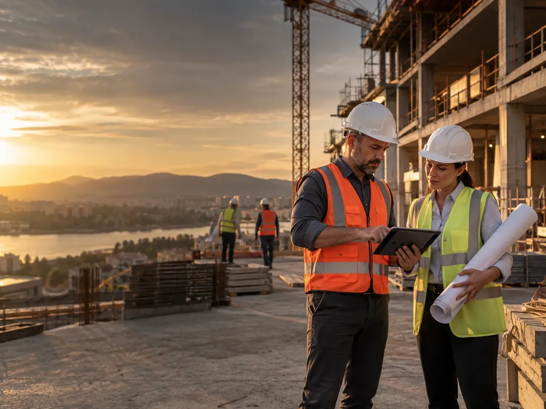 Contractors reviewing plans on a job site
