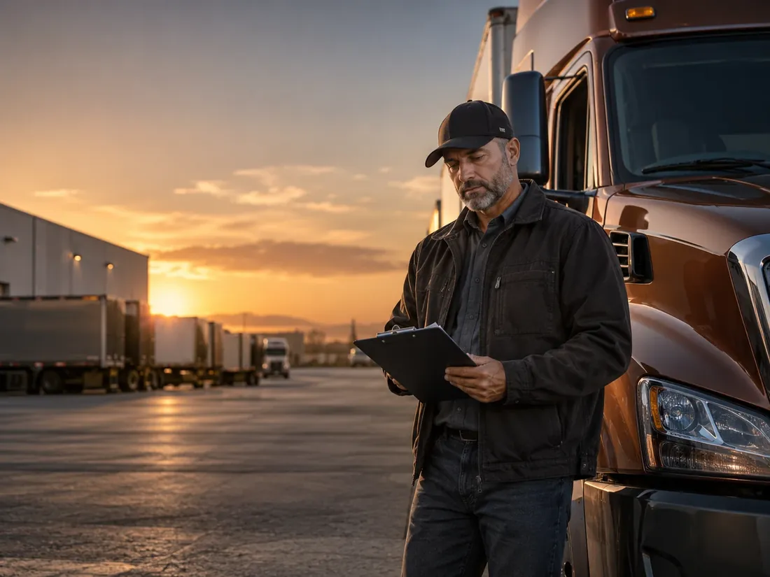 Truck driver reviewing paperwork beside his rig