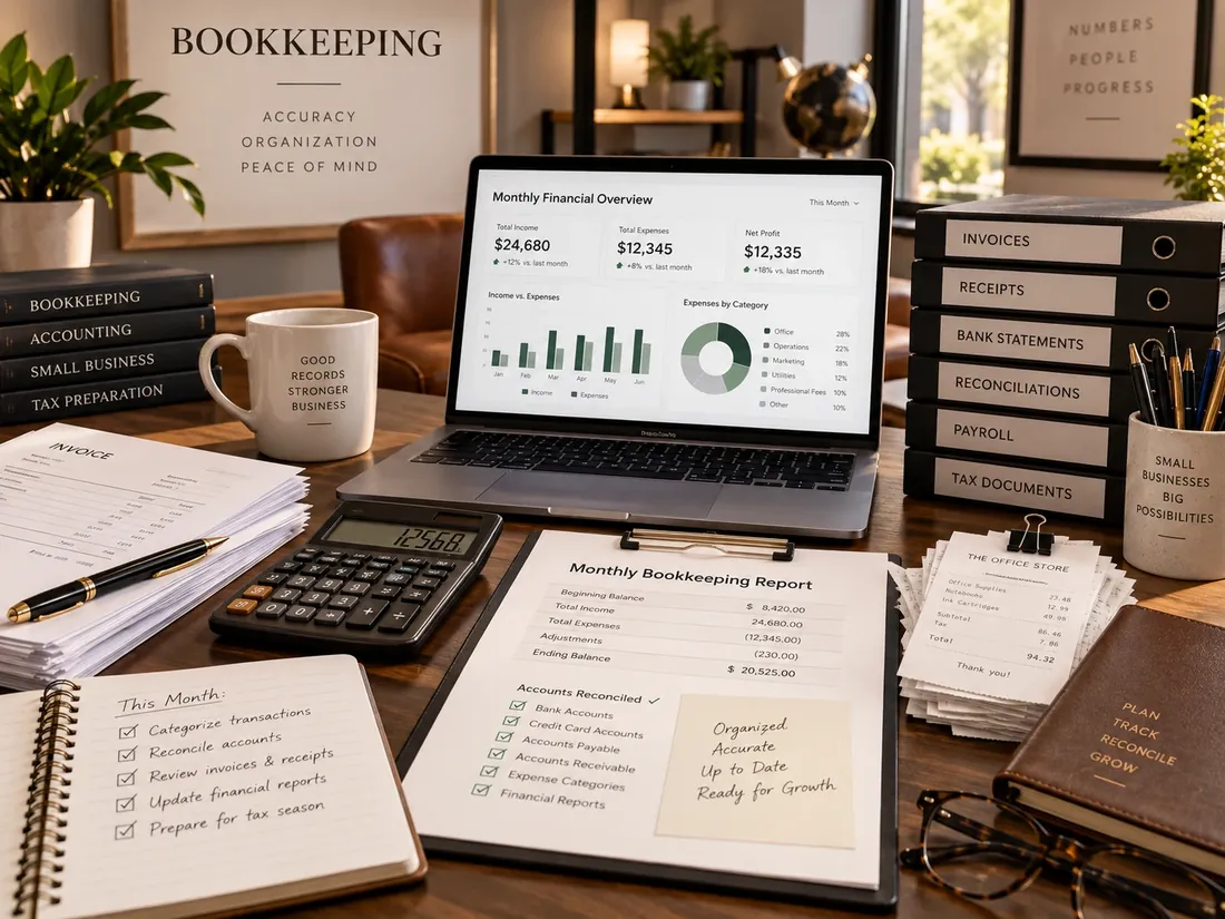 Organized bookkeeping reports and financial records on a desk